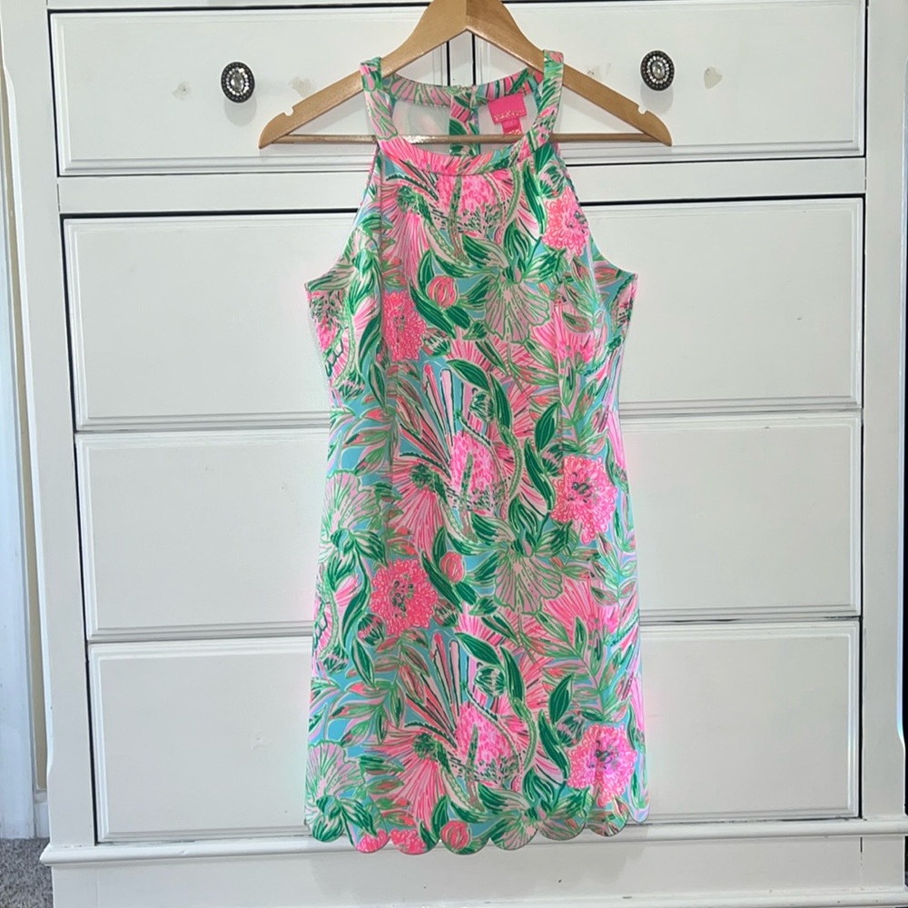 Lilly Pulitzer Girls 16 Sophelia Print Halter Shift Dress Scallop
